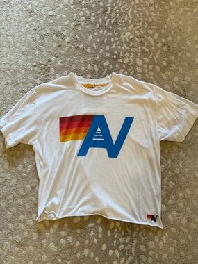 Aviator Nation White Tee with Blue Logo and Red-Orange-Yellow Stripes